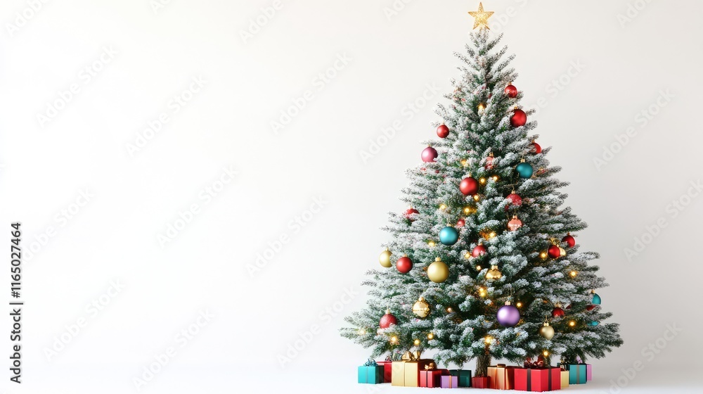 A brightly lit Christmas tree with colorful baubles, placed against a crisp white background, ideal for inserting festive greetings or designs. A brightly lit Christmas tree with colorful baubles, placed against a crisp white background, ideal for inserting festive greetings or designs.