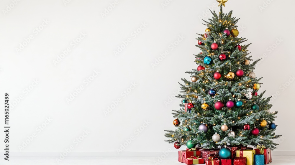 A brightly lit Christmas tree with colorful baubles, placed against a crisp white background, ideal for inserting festive greetings or designs. A brightly lit Christmas tree with colorful baubles, placed against a crisp white background, ideal for inserting festive greetings or designs.