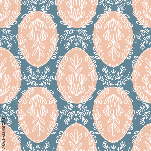 Folksy painted Easter eggs with delicate leafy designs in peach and white on blue background. Beautiful easter seamless vector pattern. Great for home decor, fabric, wallpaper, gift wrap, stationery.