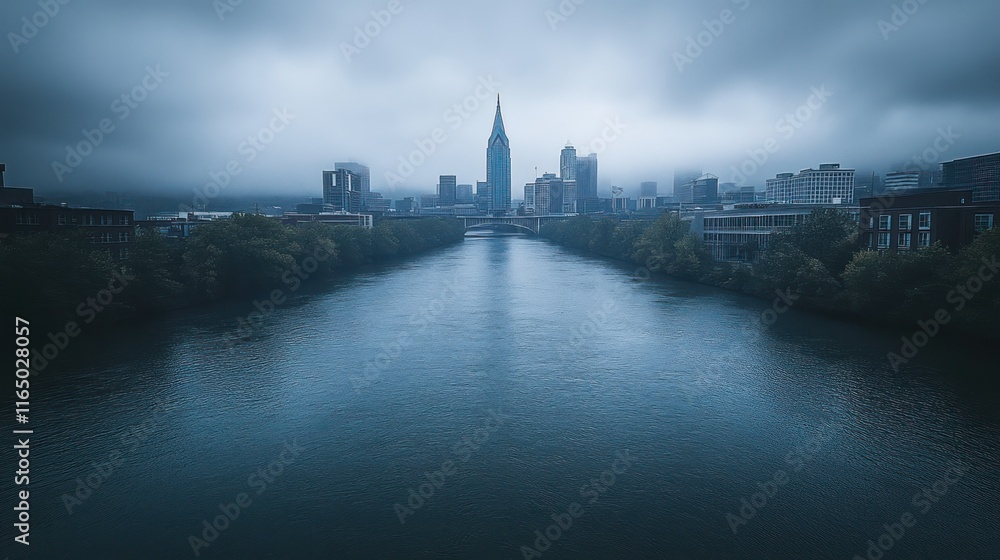 Fototapeta premium Foggy city skyline reflected in calm river.