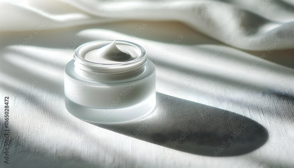 Cosmetic A white cosmetic jar placed upright on a textured white surface, clear bottom visible, illuminated w3 Cosmetic A white cosmetic jar placed upright on a textured white surface, clear bottom visible, illuminated w3