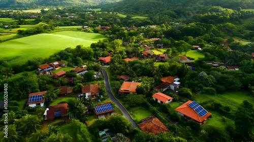 Aerial view of a green village with solar panels.