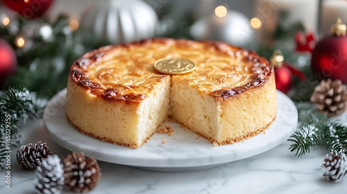 Wallpaper Mural A modern presentation of Vasilopita on a sleek white platter, with edible gold leaf accents and the hidden coin partially visible, set on a marble table with minimalist holiday decor. --ar 16:9 Torontodigital.ca