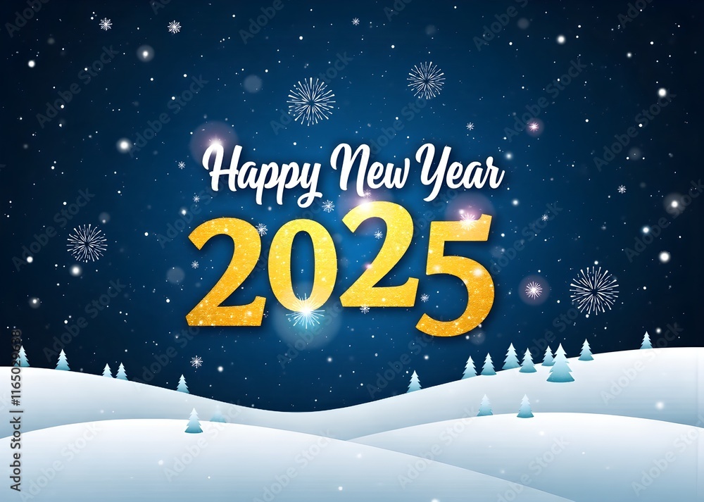 Happy 2025 New Year greeting card with winter theme, snowflake, stars, and confetti on a navy background Happy 2025 New Year greeting card with winter theme, snowflake, stars, and confetti on a navy background