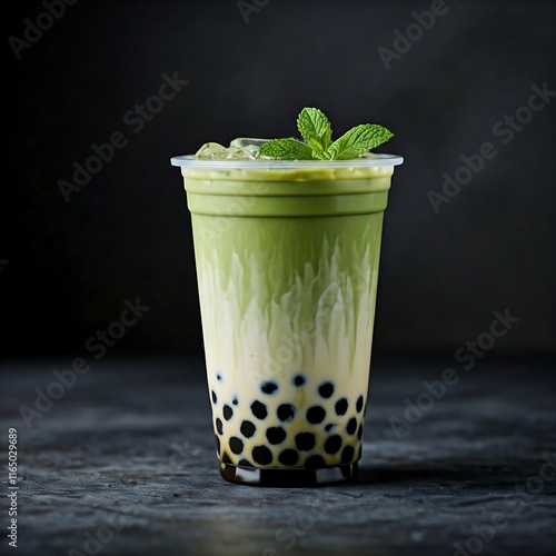  A cup of matcha bubble tea with tapioca pearls,  Matcha bubble tea, bubble tea, matcha, tapioca pearls, boba, milk tea, dessert, drink, beverage, sweet, delicious, refreshing, summer, food, treat, sn