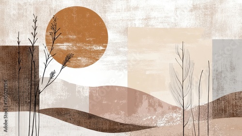 A minimalist artwork featuring abstract hills, a large sun, and soft earthy colors, evoking a serene landscape.