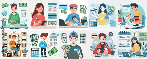 Vector set of a teenager managing daily expenses with a simple flat design style