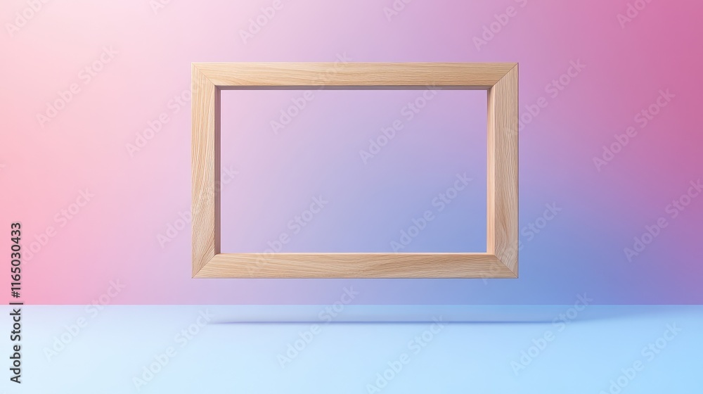 A floating wooden frame against a vibrant, gradient-colored background, creating a modern and artistic vibe. Perfect for mockup use. A floating wooden frame against a vibrant, gradient-colored background, creating a modern and artistic vibe. Perfect for mockup use.