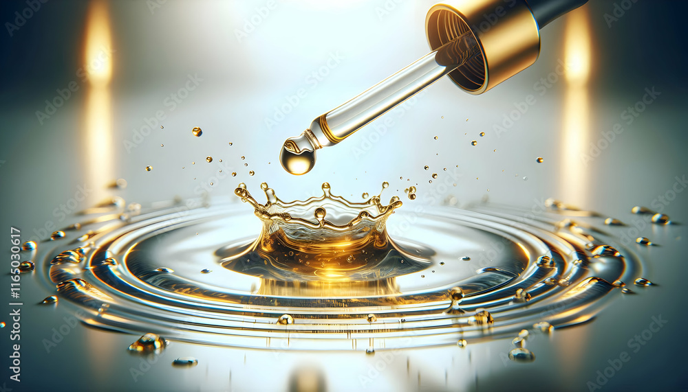 Cosmetic A dropper releasing golden droplets into a clear liquid pool, the splash creating ripples on the sur4 Cosmetic A dropper releasing golden droplets into a clear liquid pool, the splash creating ripples on the sur4