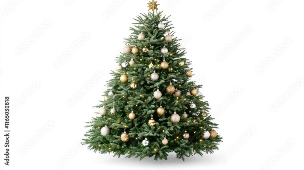 Fototapeta premium A lush green Christmas tree with a mix of golden and silver ornaments, set against a bright white background, offering ample space for creative designs.