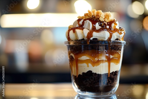 Delicious layered dessert in a glass cup with caramel sauce, whipped cream, and crumble topping. photo