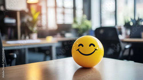 Bright Yellow Smiley Face Ball on Wooden Desk in Sunlit Modern Office Space - Positive Vibes and Happiness in Work Environment photo