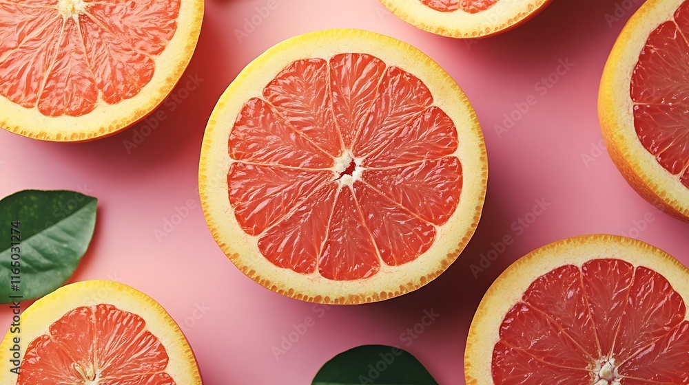 Halved grapefruits arranged on pink background with green leaves.