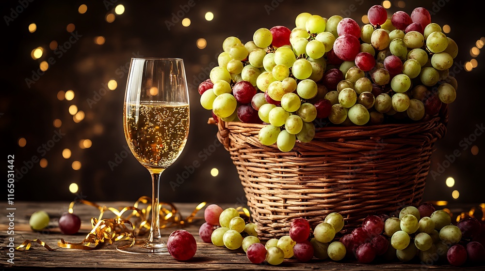 A rustic scene featuring a wicker basket filled with green and red grapes, with clusters spilling onto a wooden table, accompanied by a small glass of cava and golden streamers. --ar 16:9 A rustic scene featuring a wicker basket filled with green and red grapes, with clusters spilling onto a wooden table, accompanied by a small glass of cava and golden streamers. --ar 16:9