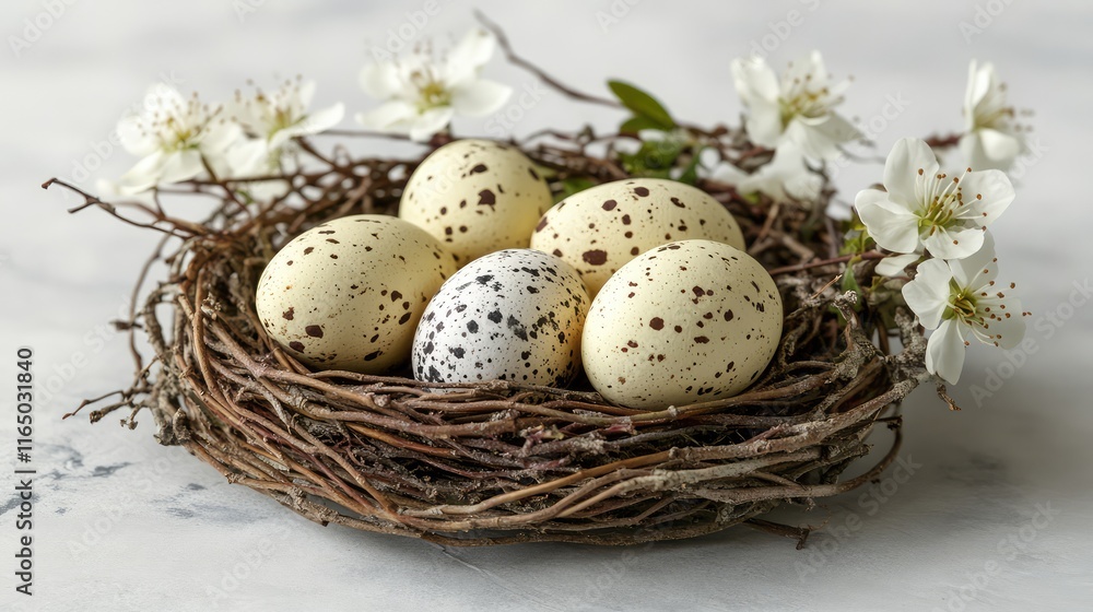 A natural Easter nest with speckled eggs, surrounded by soft blossoms on a smooth white surface, leaving plenty of copy space. A natural Easter nest with speckled eggs, surrounded by soft blossoms on a smooth white surface, leaving plenty of copy space.