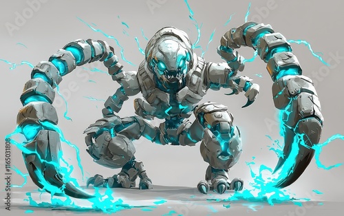 A biomechanical scorpion creature crackles with cyan energy. Its segmented limbs and powerful claws suggest both agility and strength. Ideal for a sci-fi or fantasy game antagonist or powerful summon. photo