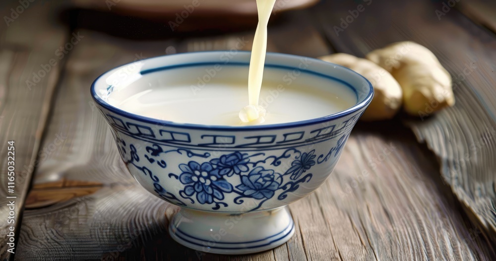 A traditional bowl filled with a creamy liquid, possibly a beverage, alongside ginger roots. A traditional bowl filled with a creamy liquid, possibly a beverage, alongside ginger roots.