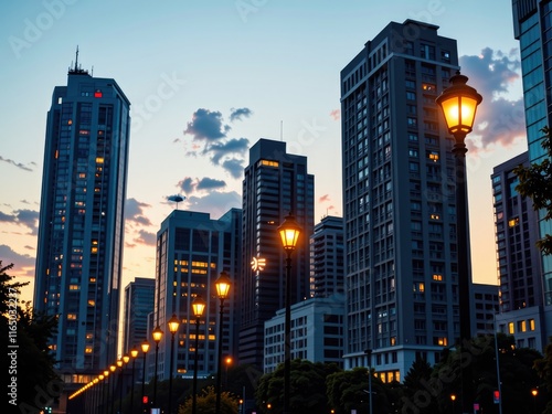 Cityscape Twilight Modern Buildings Streetlights Urban Scene