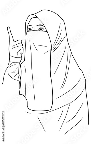 Line art drawing sketch of a muslim woman wearing hijab and mask or niqab. Outline, single line drawing, vector illustration, black and white, monochrome. One finger pointing to the sky.