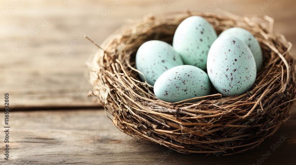 A rustic bird's nest filled with pastel-colored Easter eggs resting on a wooden table with soft natural lighting, leaving space for text or overlays. A rustic bird's nest filled with pastel-colored Easter eggs resting on a wooden table with soft natural lighting, leaving space for text or overlays.