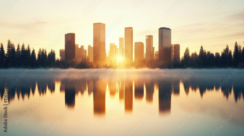 Fototapeta premium A serene cityscape bathed in the warm, golden light of sunrise, with the skyscrapers casting long shadows and a gentle mist rising from the river.