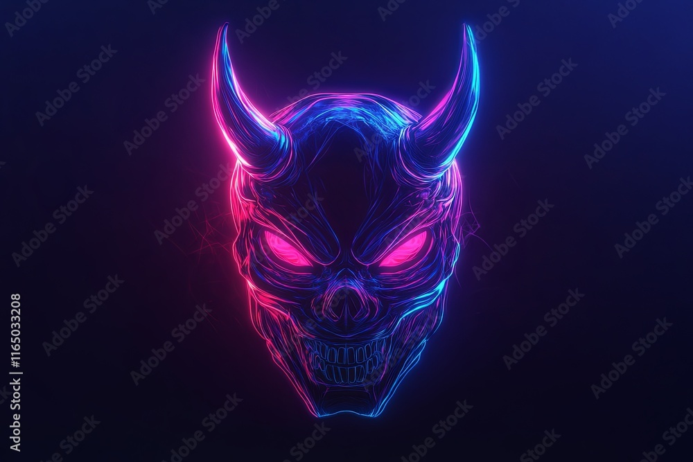 Neon glowing devil skull mask with horns, vibrant pink and blue light, dark background. Neon glowing devil skull mask with horns, vibrant pink and blue light, dark background.
