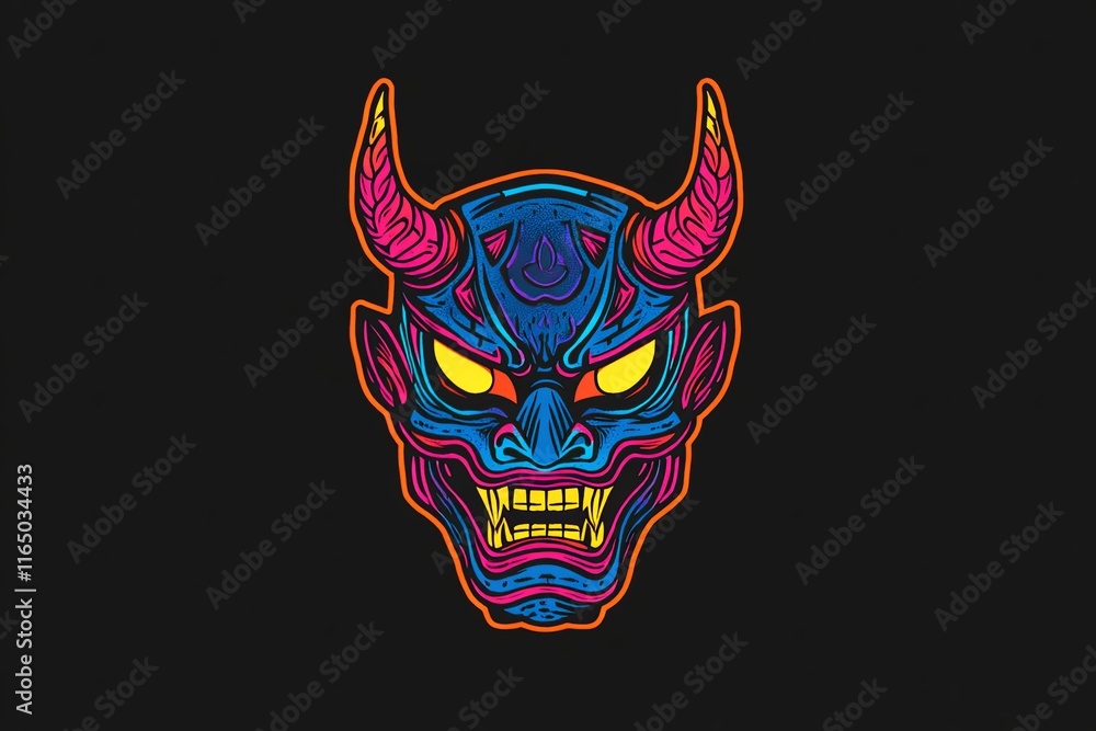 Naklejka premium Neon Oni mask illustration. Vibrant blue, pink, and yellow design on black background. Detailed ornate horns and sharp teeth.