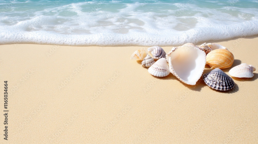 A collection of seashells on a sandy beach with gentle waves. A collection of seashells on a sandy beach with gentle waves.