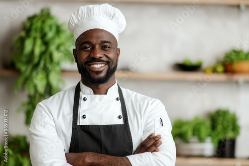 Plant-based cuisine emphasizes sustainability and freshness. Smiling chef in a kitchen setting photo