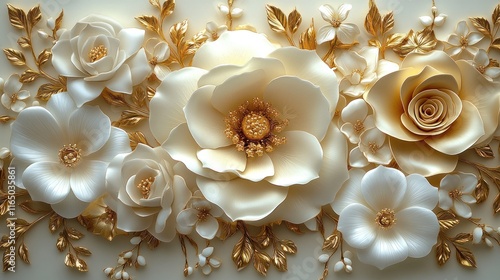 3D embossed floral arrangement with gold accents.