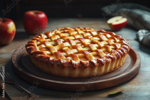 Freshly baked apple pie on a wooden board, surrounded by apples. photo