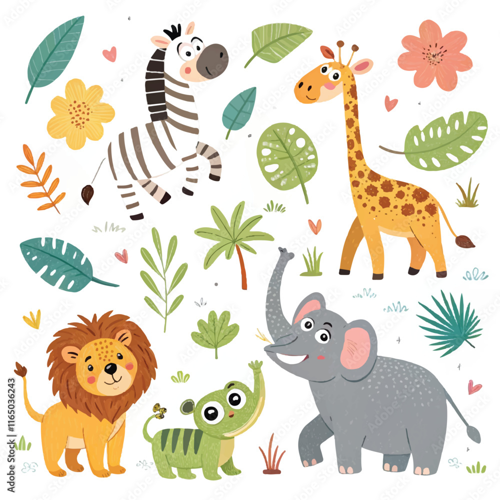 Fototapeta premium Adorable Cartoon Jungle Animals Vector Collection on White Background