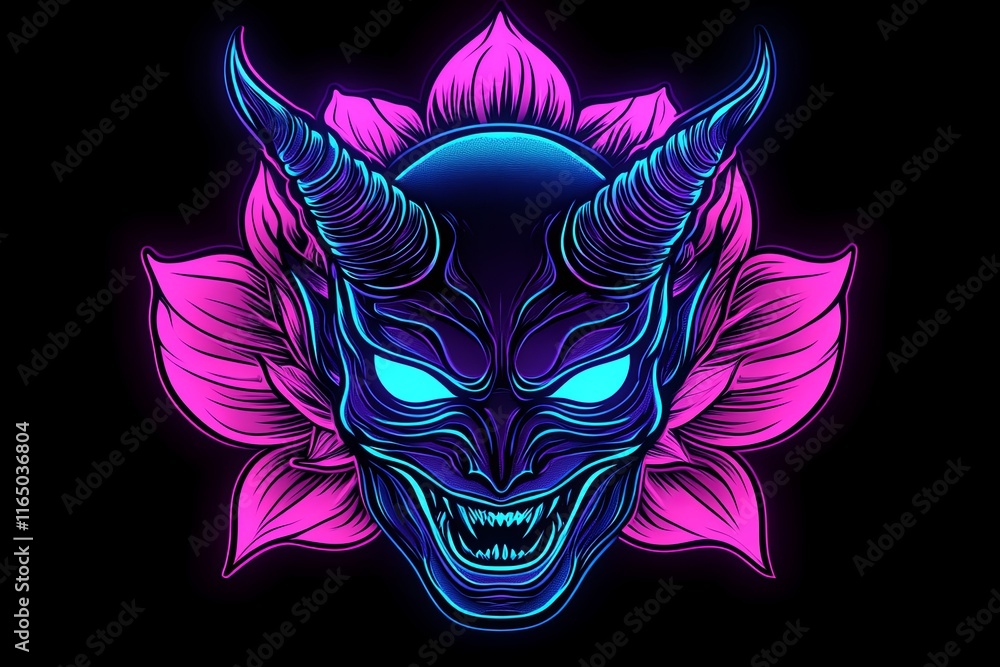 Fototapeta premium Neon Oni mask with lotus flower design.