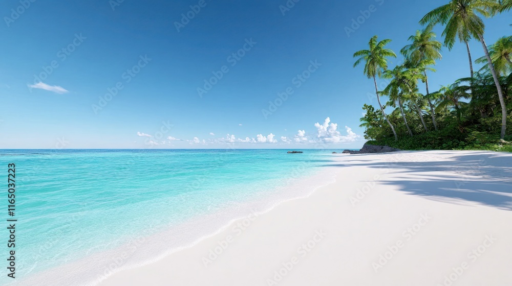 Serene beach with clear turquoise water and palm trees. Serene beach with clear turquoise water and palm trees.