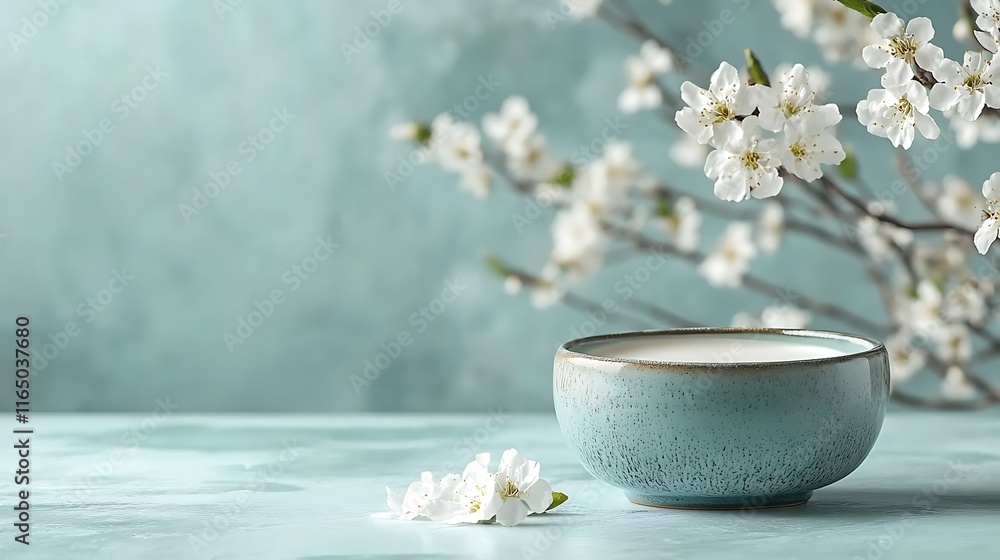 Bowl of milk with spring blossoms on a teal background. Bowl of milk with spring blossoms on a teal background.