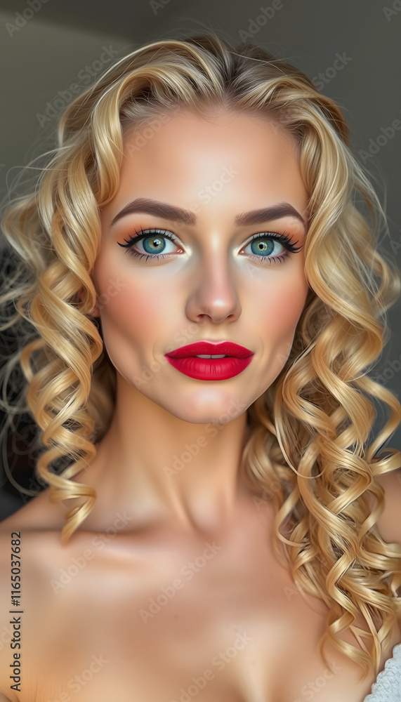 Fototapeta premium Beautiful blonde with curly hair, natural makeup and red lips. Facial and hair beauty. The picture was taken in the studio, 8k, with white tones
