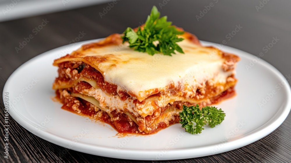 A delicious serving of lasagna topped with parsley on a plate. A delicious serving of lasagna topped with parsley on a plate.