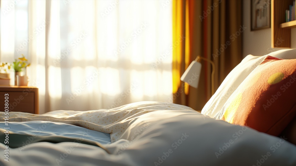 Obraz premium Morning light illuminates cozy bedroom home photography relaxing atmosphere interior view comfort and serenity
