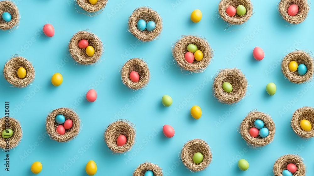 A whimsical flat lay of multiple small nests with colorful candy eggs, arranged on a pastel blue surface with empty space for design elements. A whimsical flat lay of multiple small nests with colorful candy eggs, arranged on a pastel blue surface with empty space for design elements.