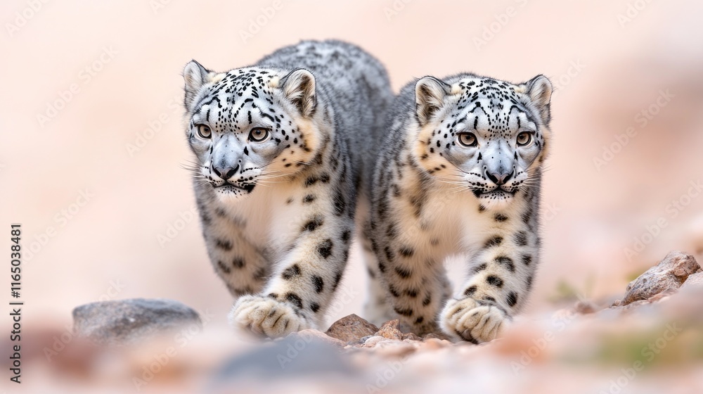 Fototapeta premium Two playful snow leopards walking through rocky terrain.