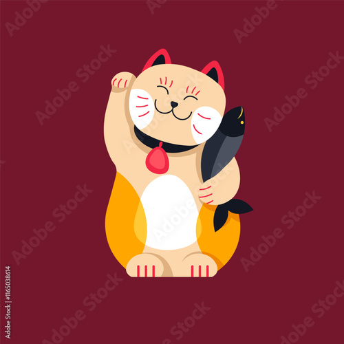 Cheerful lucky cat with fish