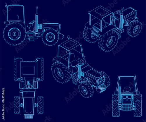 Blue drawing of a tractor with a blue drawing of the front of the tractor