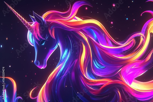 A vibrant neon unicorn with flowing mane and horn. Perfect for fantasy art, digital backgrounds, or phone wallpapers. photo