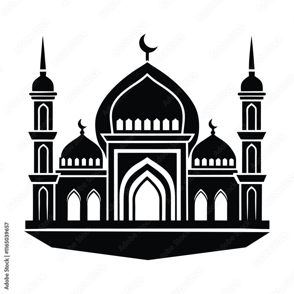 Fototapeta premium silhouette of black mosque on white background. Islamic shape silhouette vector. Mosque with miner for Ramadan.