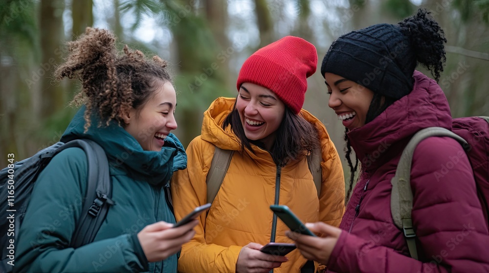 Cheerful friends gather outdoors to share happy moments and laugh with content on their smartphones. Cheerful friends gather outdoors to share happy moments and laugh with content on their smartphones.