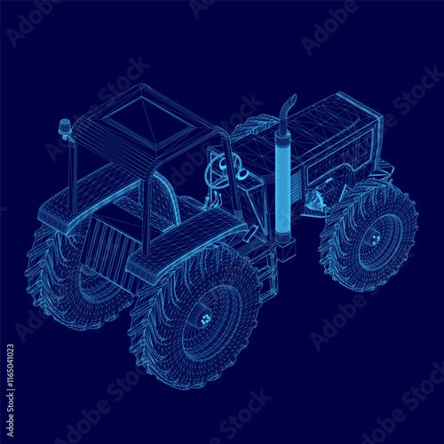 Blue tractor with a blue top and a blue bottom is shown in a blue background. The tractor is a modern design, with a sleek and streamlined appearance. The blue color of the tractor