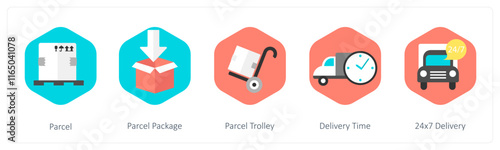 A set of 5 mix icons as parcel, parcel package, parcel trolley