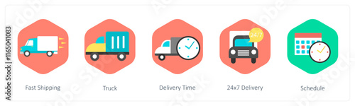 A set of 5 mix icons as fast shipping, truck, delivery time