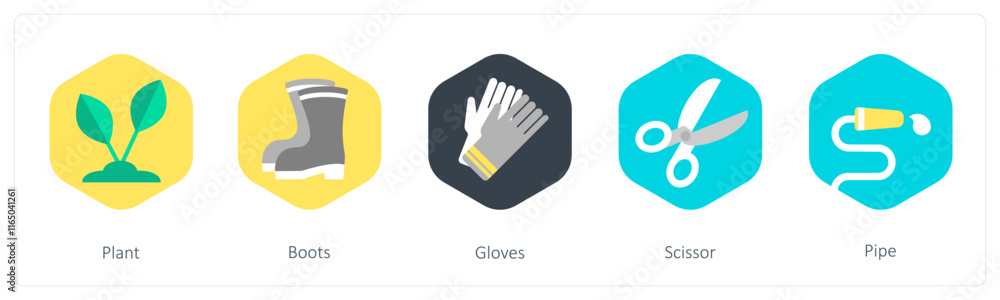 Fototapeta premium A set of 5 mix icons as plant, boots, gloves