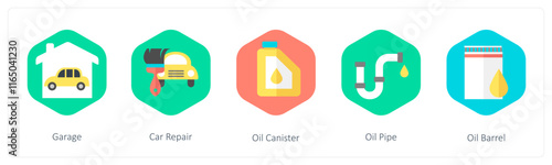 A set of 5 mix icons as garage, car repair, oil canister